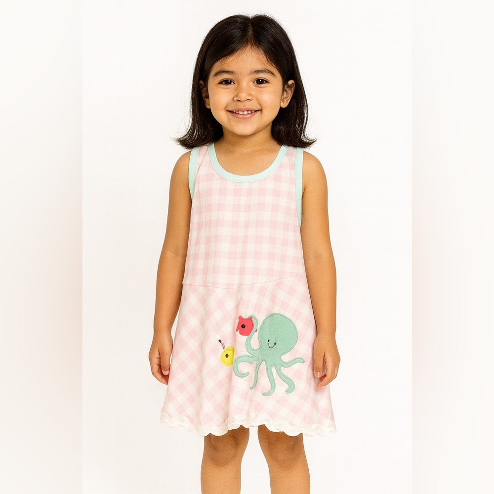 Ricrac & Ruffles Pink & white large gingham sealife appliqué dress Size 5 AR17